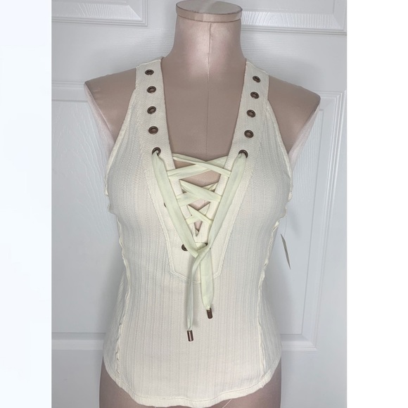 Free People Cream Ribbed Crop Top Sz S - Picture 3 of 6